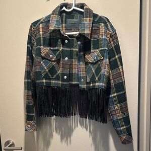 Blank NYC Multicolor Plaid Fringe Jean Jacket